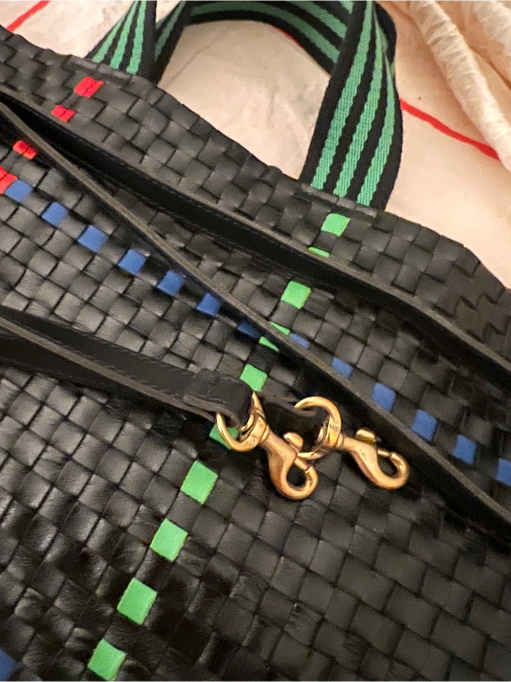Clare V Black Woven Duffel with Green and Red Stripe Accents - Picture 6 of 7